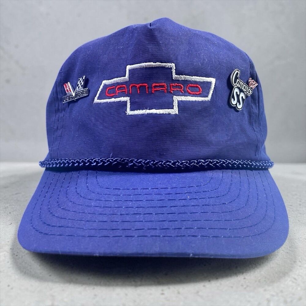 Vintage 90's Camaro Hat Blue Adjustable Rope Chevrolet Cap USA Made +‎ 2 Pins
